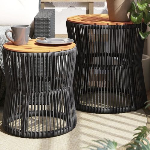 Patio Side Tables 2 pcs with Wooden Top Black Poly Rattan