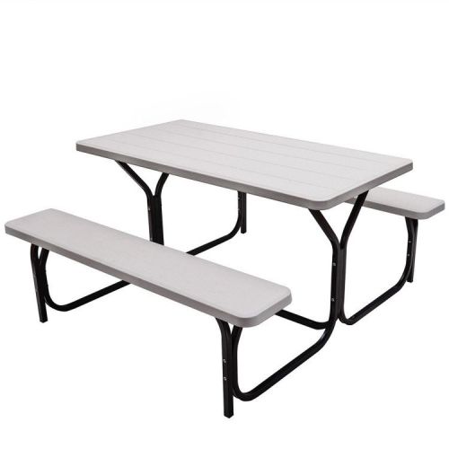 Outdoor Picnic Table Bench Set with Metal Base