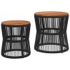 Patio Side Tables 2 pcs with Wooden Top Black Poly Rattan
