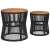 Patio Side Tables 2 pcs with Wooden Top Black Poly Rattan