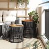 Patio Side Tables 2 pcs with Wooden Top Black Poly Rattan